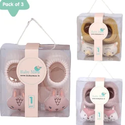 Baby Moo Bunny Fox Bear 3D Rattle Anti-Skid Socks Booties Pack of 3 - Mauve, Mustard