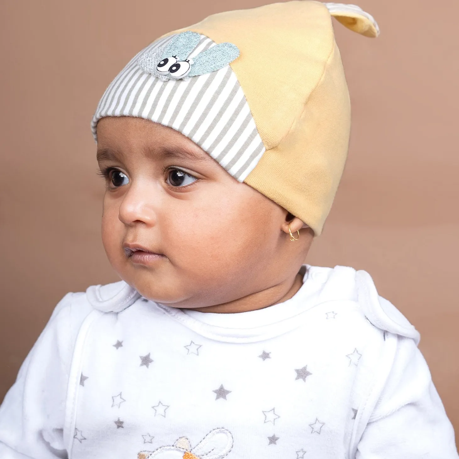 Baby Moo Busy Bee All Season Stretchable Hosiery Warm 3D Beanie Cap - Mustard