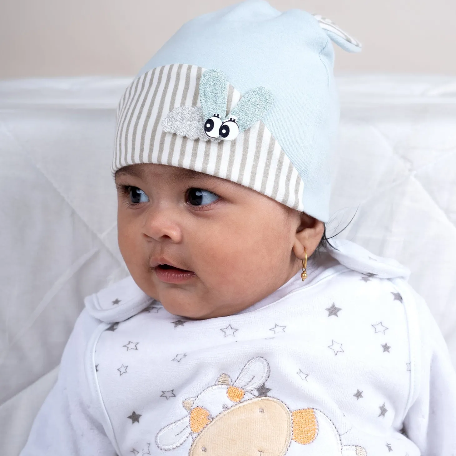 Baby Moo Busy Bee All Season Stretchable Hosiery Warm 3D Beanie Cap - Blue