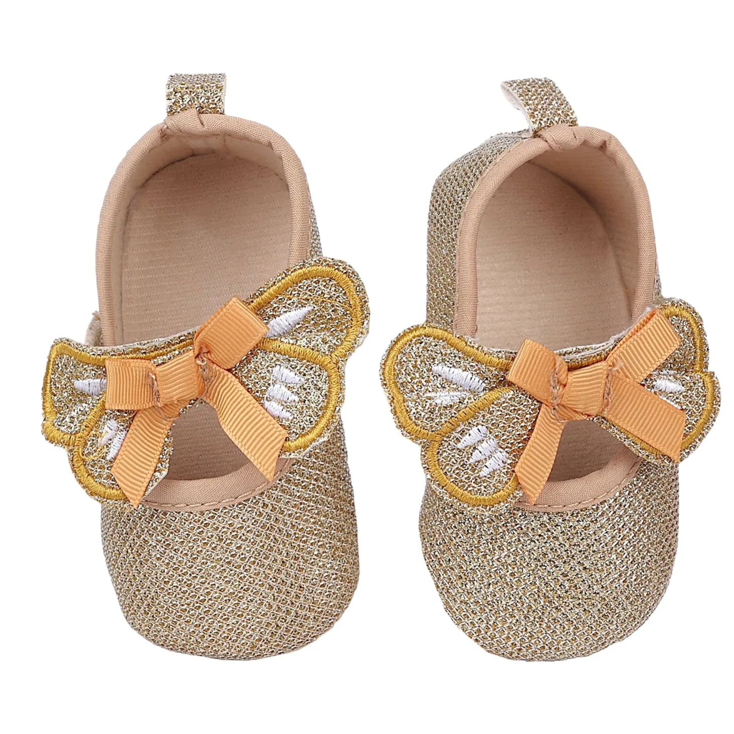 Baby Moo Butterfly Bow Shiny Party Anti-Skid Ballerina Booties - Gold