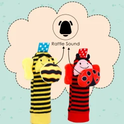 Baby Moo Buzzing Bee And Ladybug Striped Set of 2 Socks Rattle - Red, Yellow