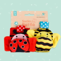 Baby Moo Buzzing Bee And Ladybug Striped Set of 2 Socks Rattle - Red, Yellow