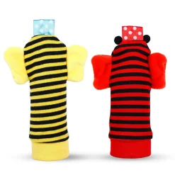 Baby Moo Buzzing Bee And Ladybug Striped Set of 2 Socks Rattle - Red, Yellow