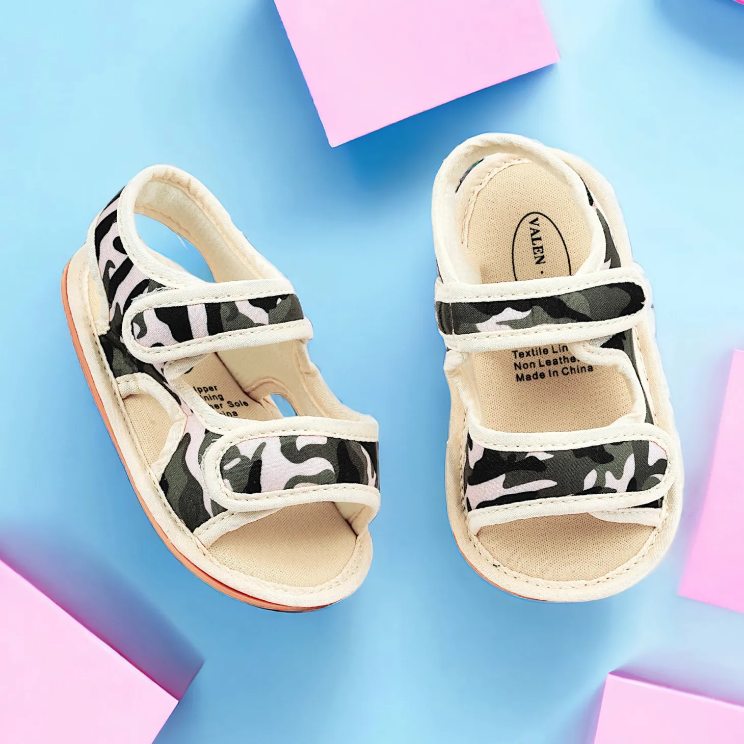Baby Moo Camouflage Print Anti-Skid Velcro Floater Sandals - Beige, Military