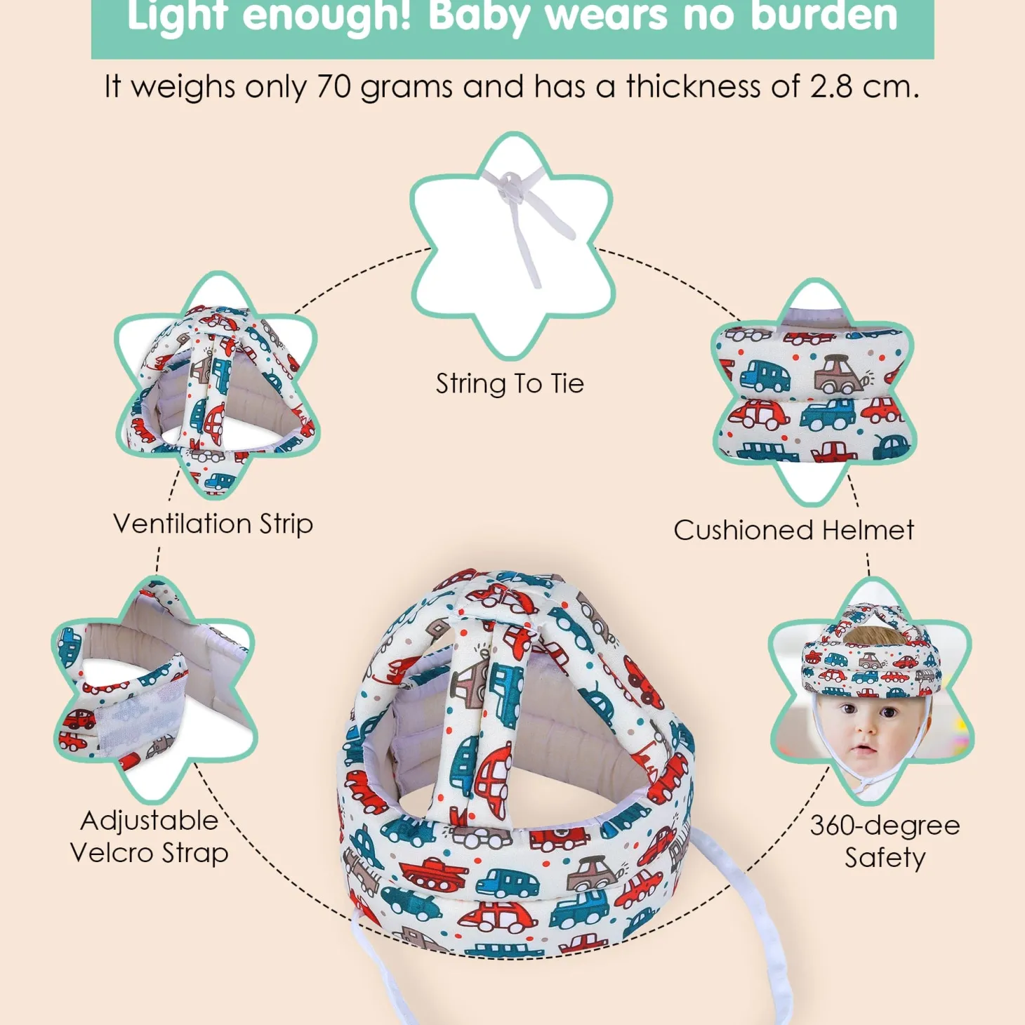 Baby Moo Car & Truck Head Protection Adjustable Cushioned Safety Helmet - Cream