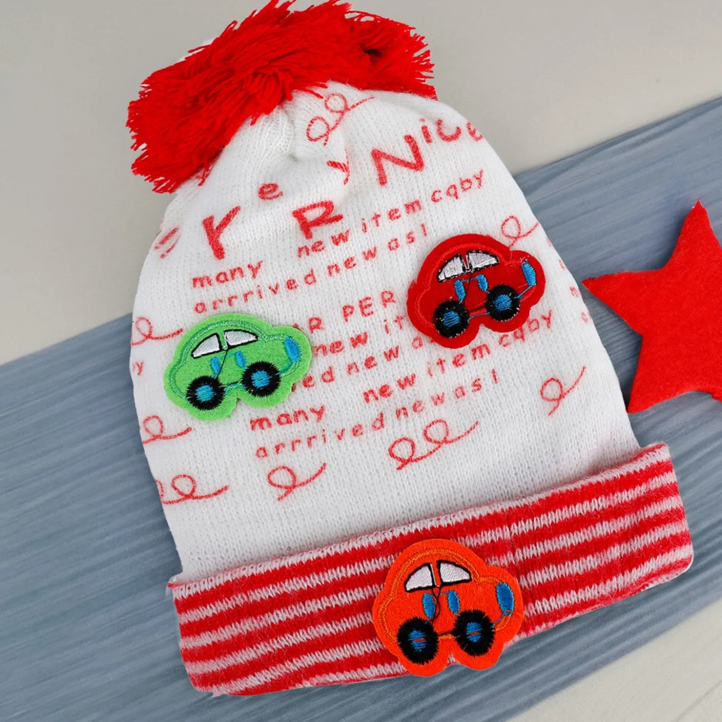 Baby Moo Car Pom Pom Breathable Beanie Warm Knitted Woollen Cap - Red