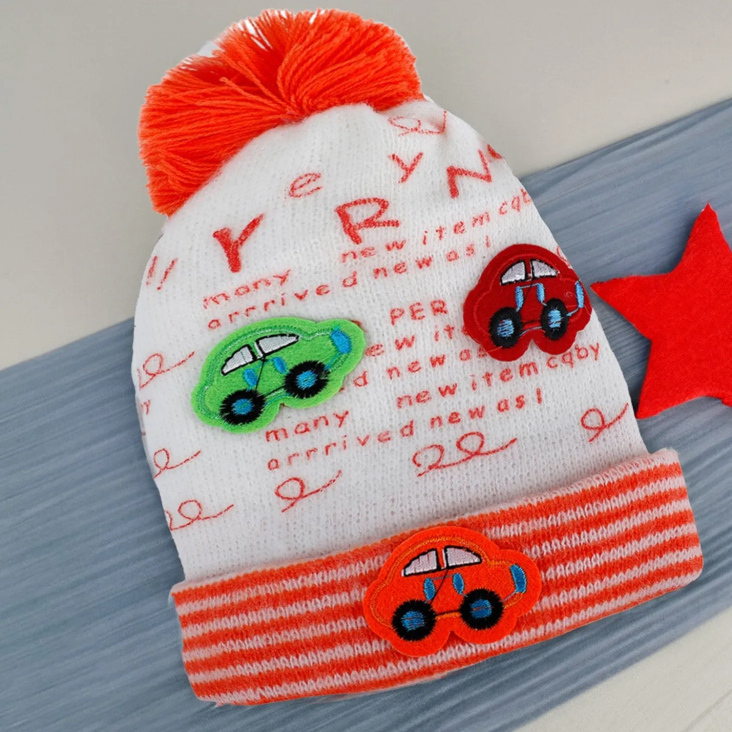 Baby Moo Car Pom Pom Breathable Beanie Warm Knitted Woollen Cap - Orange