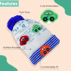 Baby Moo Car Pom Pom Breathable Beanie Warm Knitted Woollen Cap - Blue