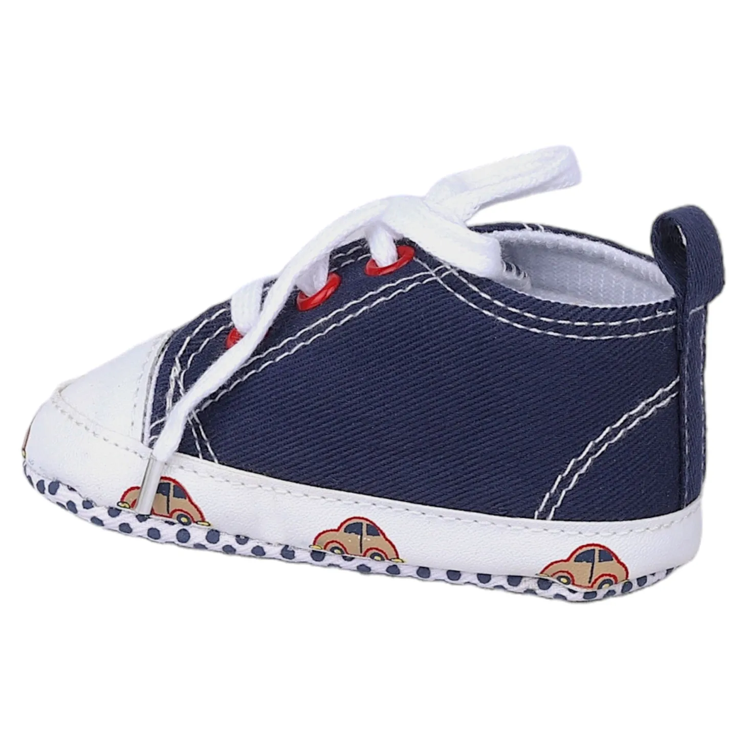 Baby Moo Car Printed Lace-Up Design Anti-Skid Denim Sneakers - Blue, White