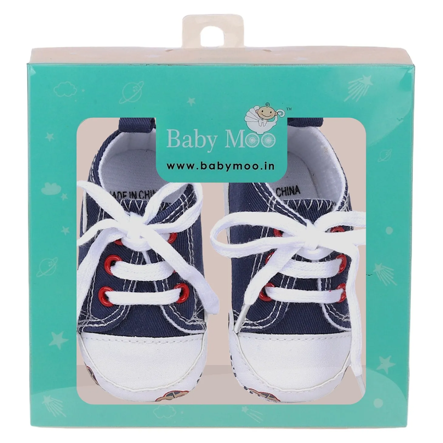 Baby Moo Car Printed Lace-Up Design Anti-Skid Denim Sneakers - Blue, White