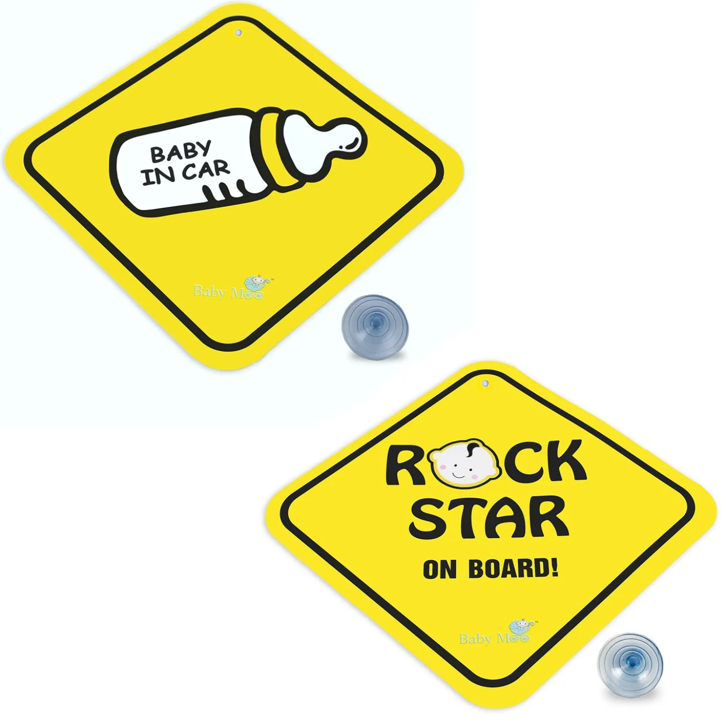 Baby Moo Car Safety Sign Rockstar Baby On Board With Suction Cup Clip 2 Pack - Yellow