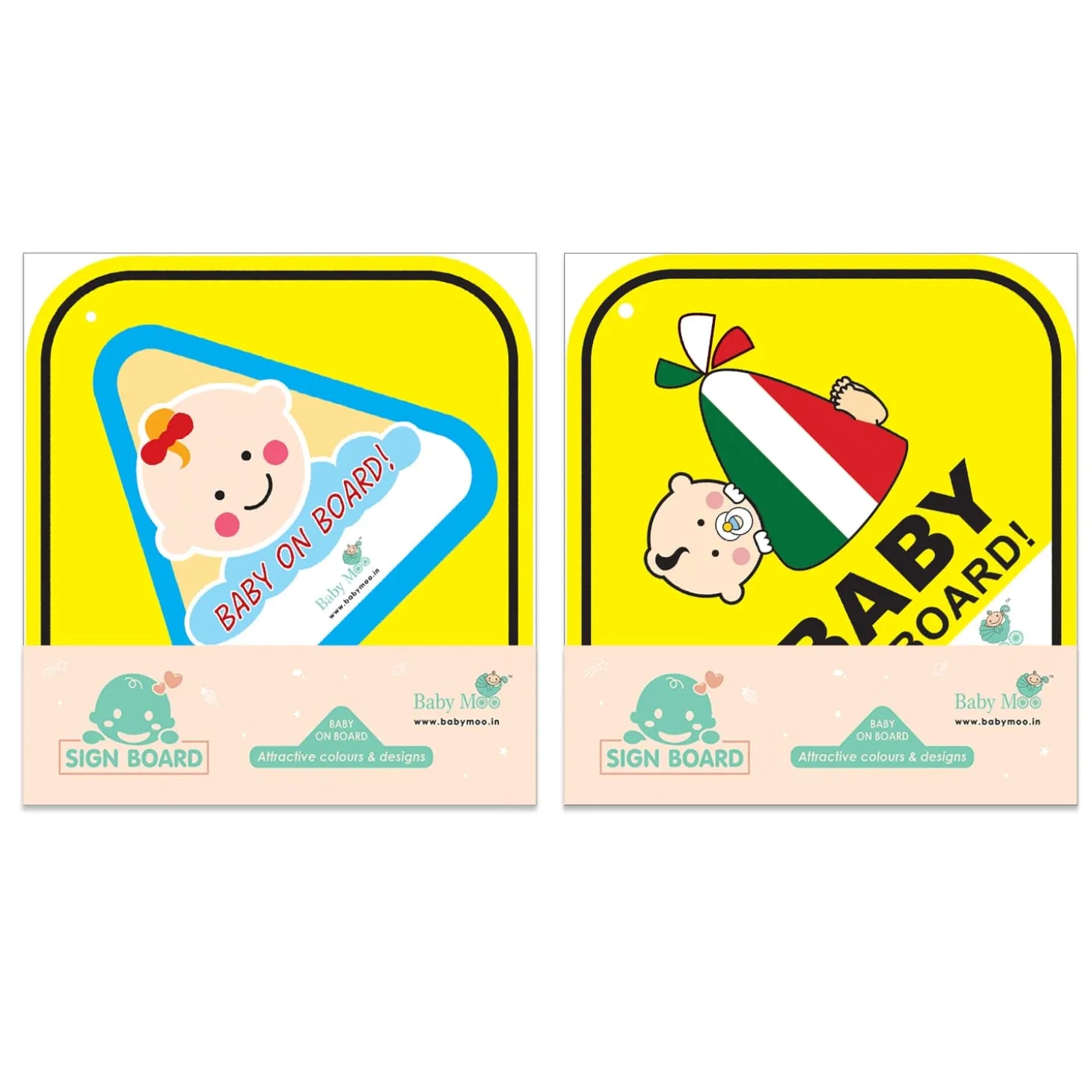 Baby Moo Car Safety Sign Sleeping Baby On Board With Suction Cup Clip 2 Pack - Yellow, Blue