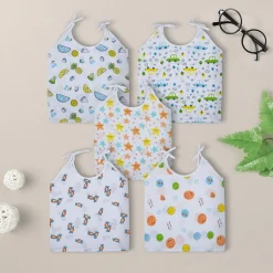 Baby Moo Cars And Stars Round Neck Sleeveless Tie Knot Cotton Jhablas 5 Pcs - Green, Multicolour