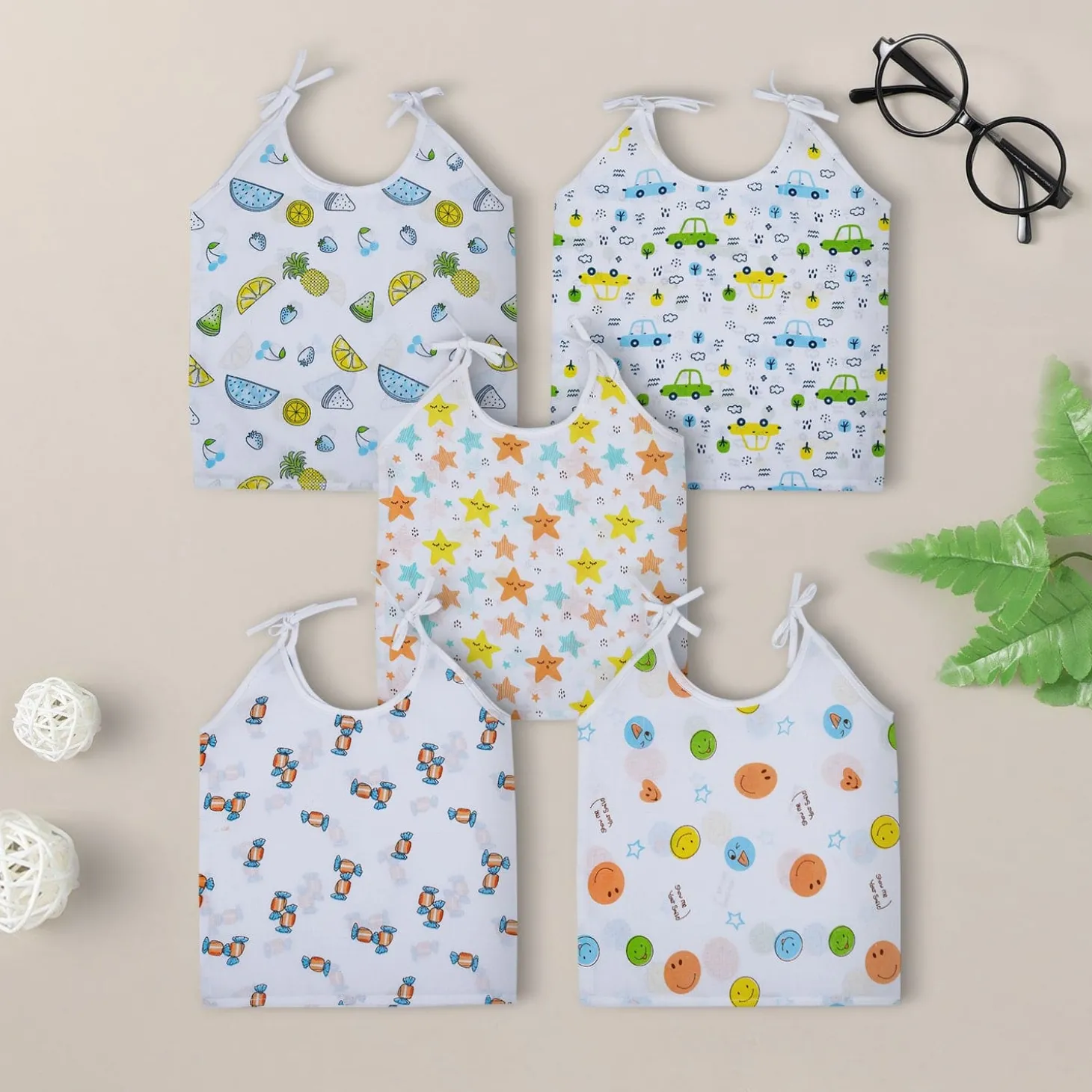 Baby Moo Cars And Stars Round Neck Sleeveless Tie Knot Cotton Jhablas 5 Pcs - Green, Multicolour