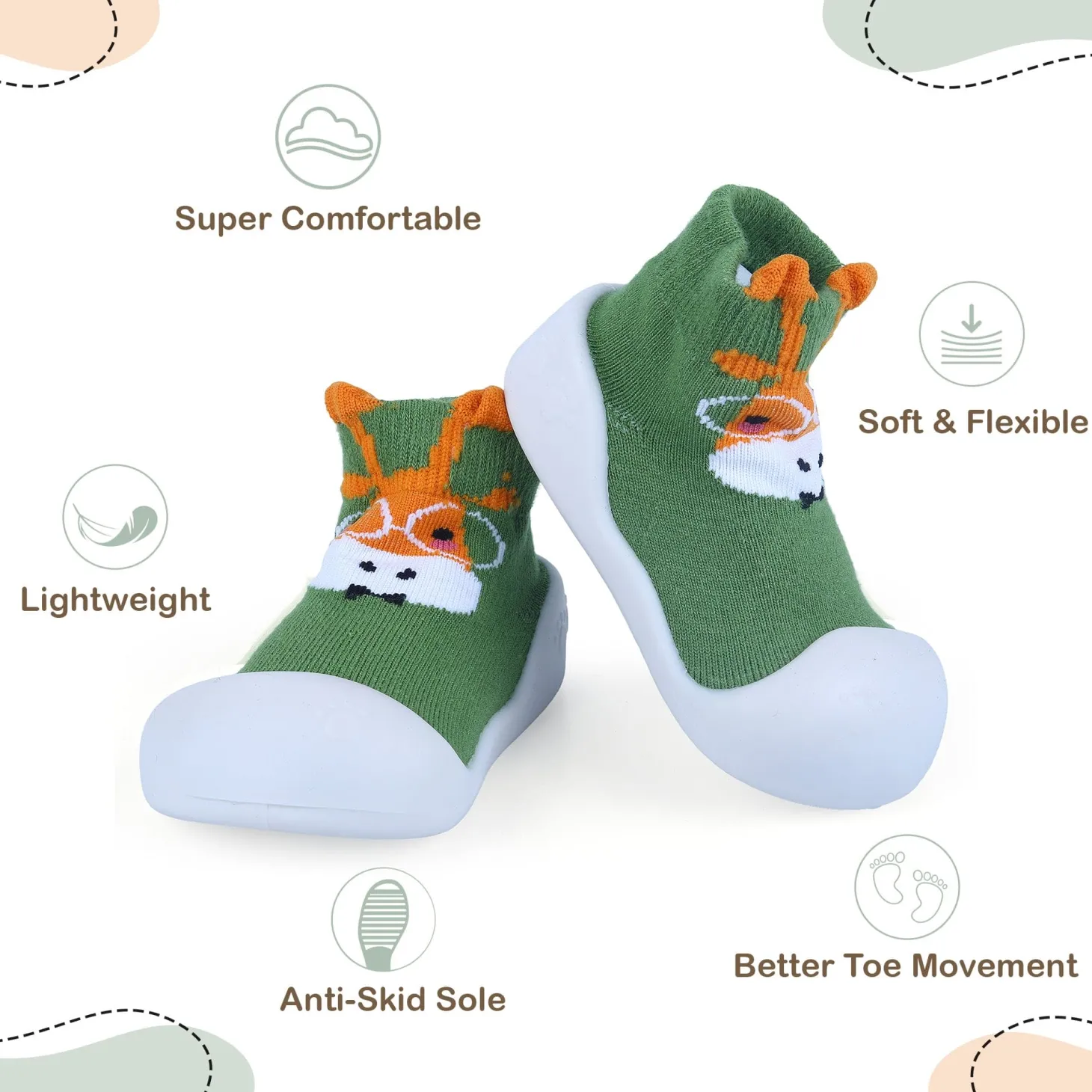 Baby Moo Cartoon Animal Rubber Comfortable Sole Slip-On Sock Shoes - Green
