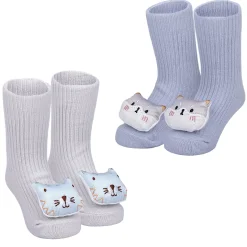 Baby Moo Cat 3D Rattle Anti-Skid Socks Booties Pack of 2 - Blue, Grey