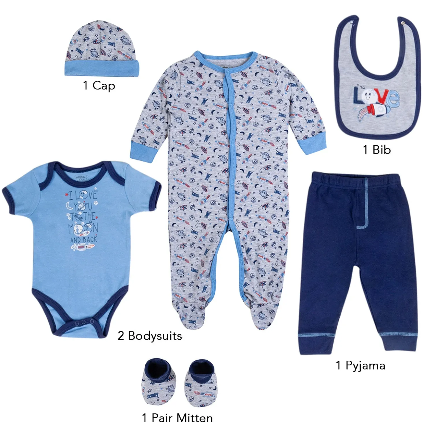 Baby Moo Chandrayaan Gift Set 6 Piece With Bodysuits, Pyjama, Cap, Bib And Socks - Blue