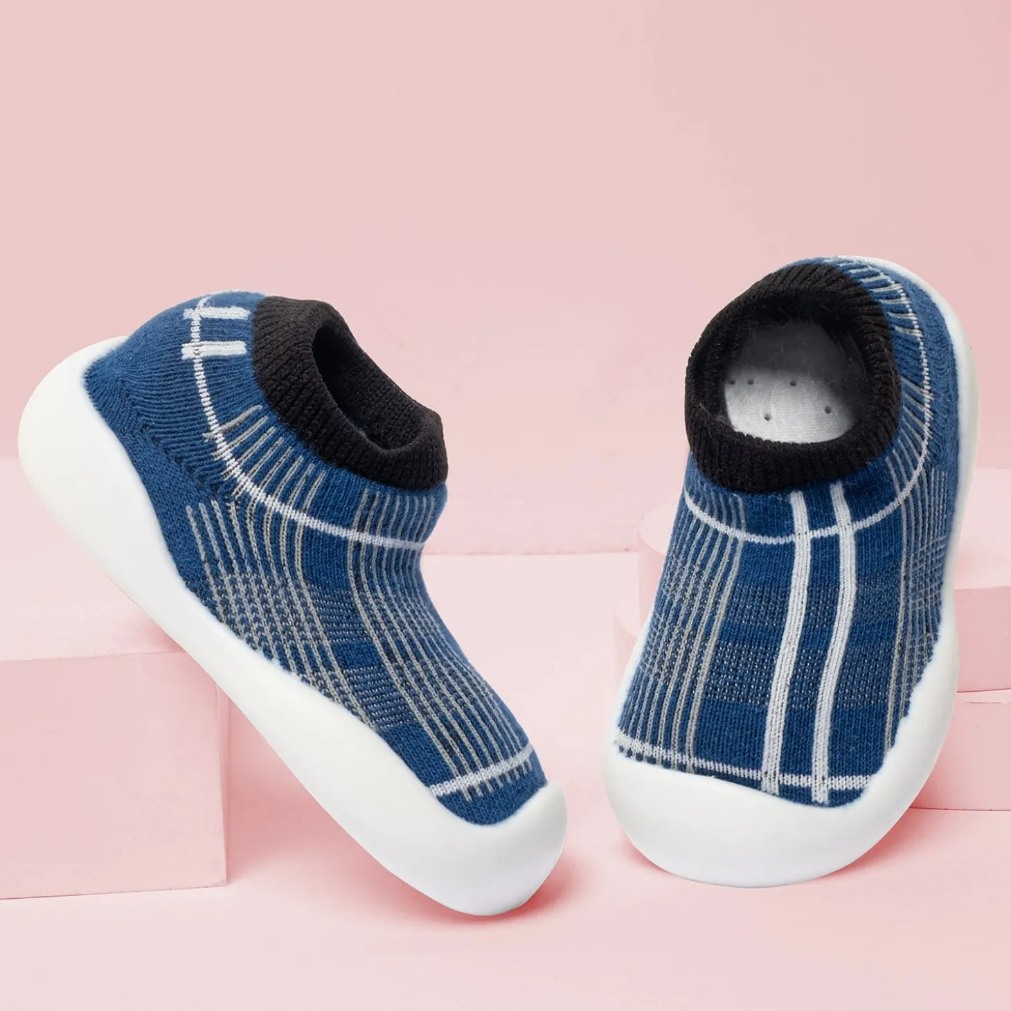 Baby Moo Checked Anti-Skid Rubber Sole Comfy Slip-On Sock Shoes - Blue