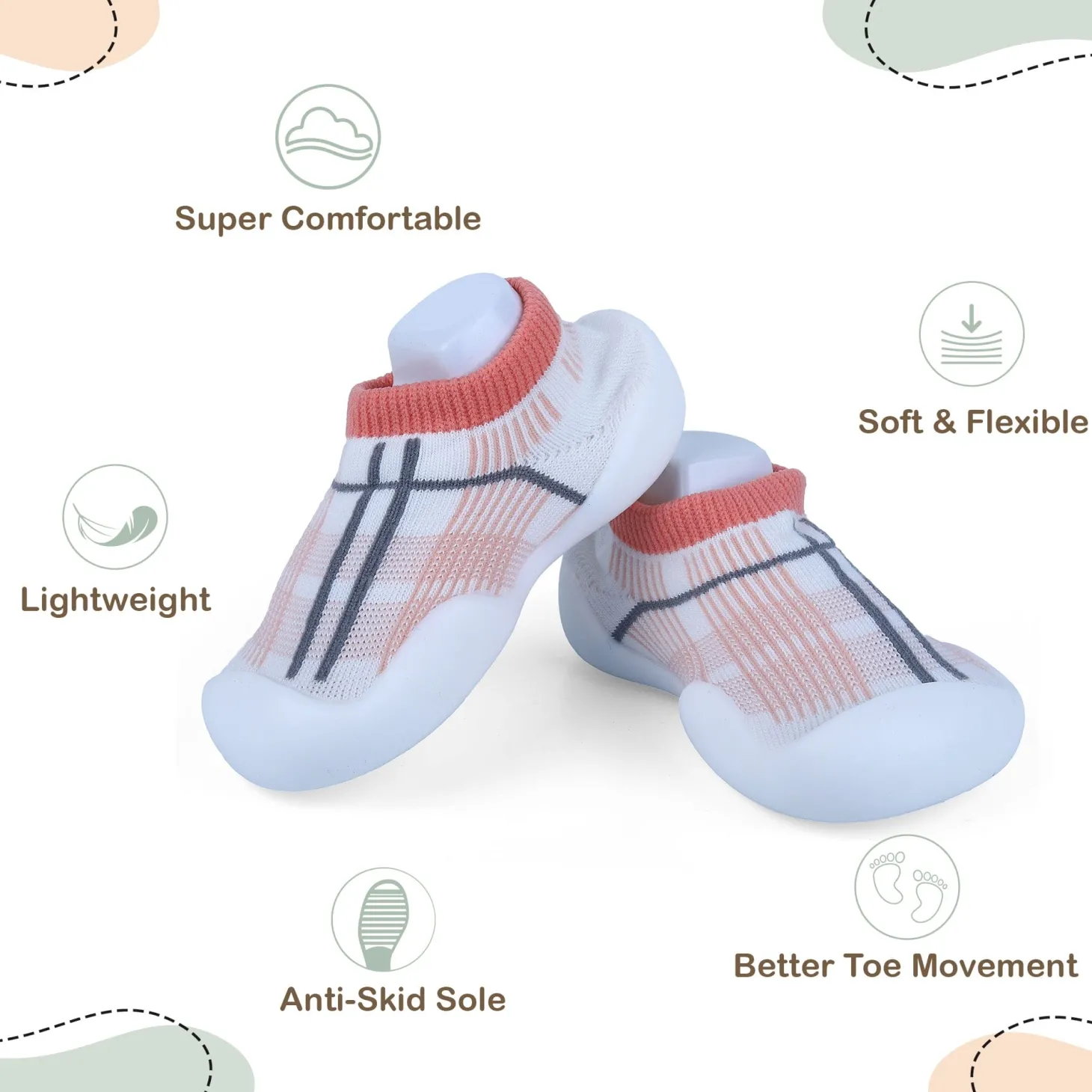 Baby Moo Checked Rubber Comfortable Sole Slip-On Sock Shoes - Peach