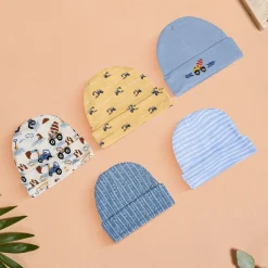 Baby Moo Construction Truck Infants Ultra Soft 100% Cotton All Season Pack of 5 Caps - Blue