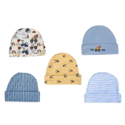 Baby Moo Construction Truck Infants Ultra Soft 100% Cotton All Season Pack of 5 Caps - Blue