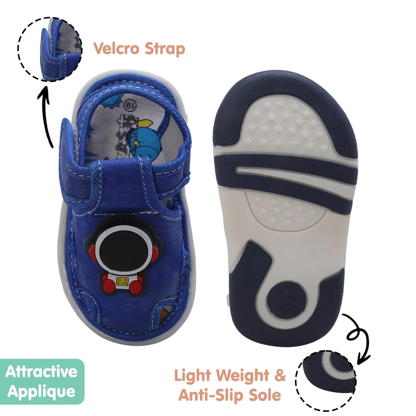 Baby Moo Cool Robot Velcro Strap Anti-Skid Chu Chu Sound Sandals - Blue