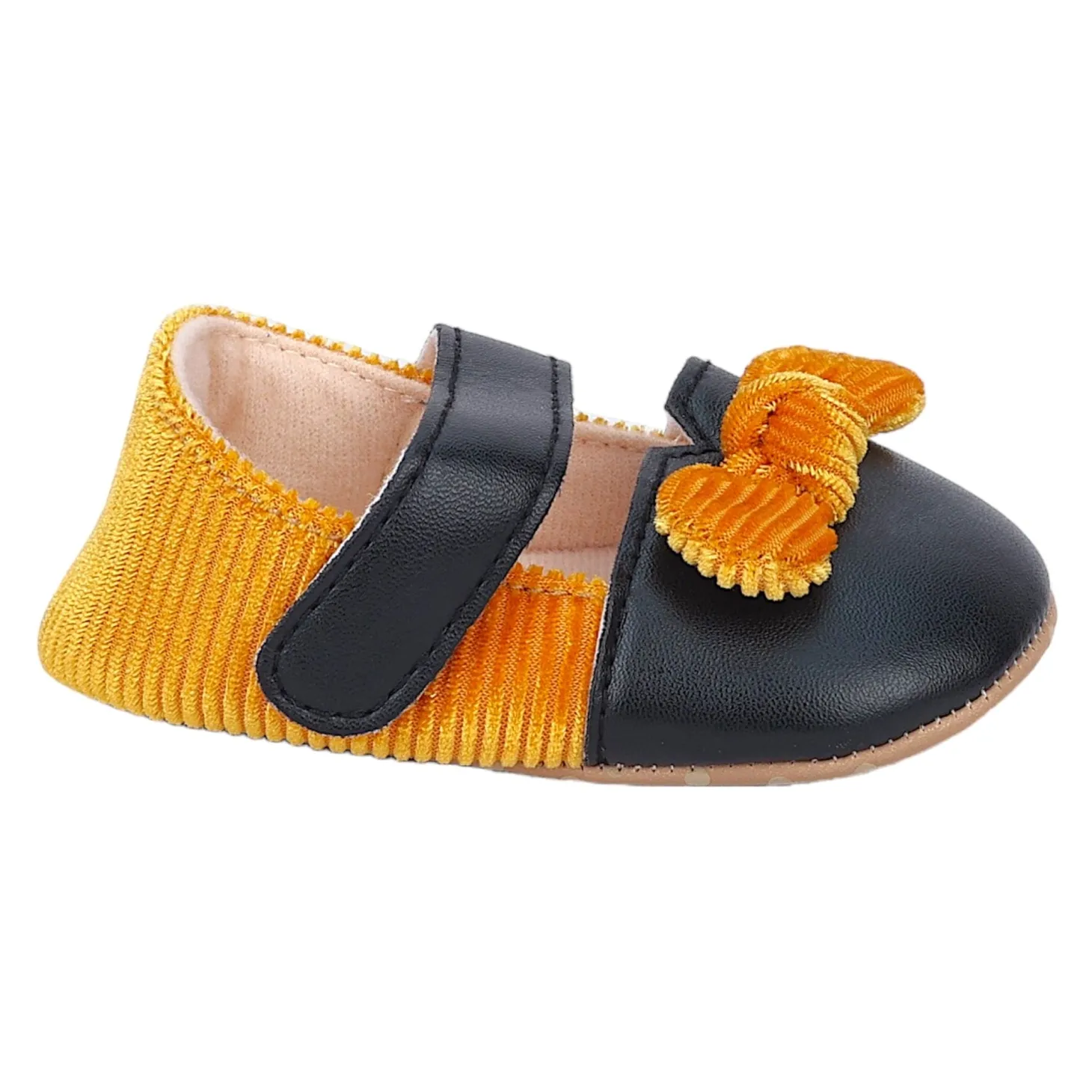 Baby Moo Corduroy Bow Knot Velcro Strap Anti-Skid Ballerina Booties - Black