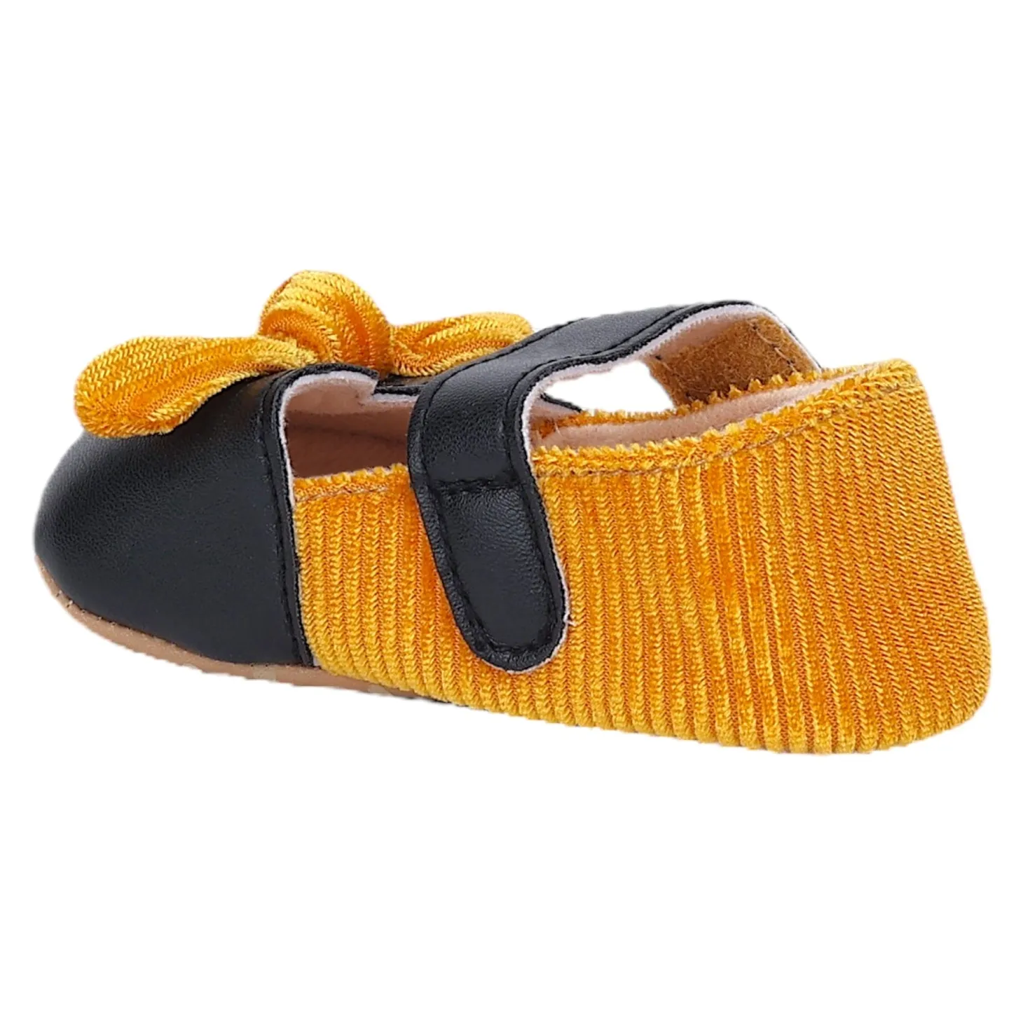 Baby Moo Corduroy Bow Knot Velcro Strap Anti-Skid Ballerina Booties - Black