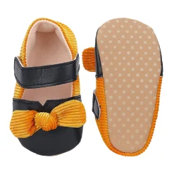 Baby Moo Corduroy Bow Knot Velcro Strap Anti-Skid Ballerina Booties - Black