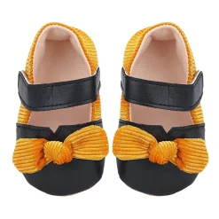 Baby Moo Corduroy Bow Knot Velcro Strap Anti-Skid Ballerina Booties - Black