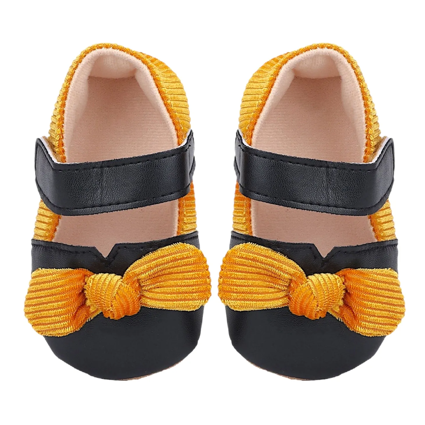 Baby Moo Corduroy Bow Knot Velcro Strap Anti-Skid Ballerina Booties - Black