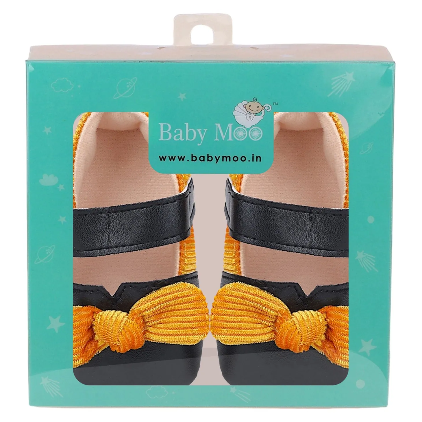 Baby Moo Corduroy Bow Knot Velcro Strap Anti-Skid Ballerina Booties - Black