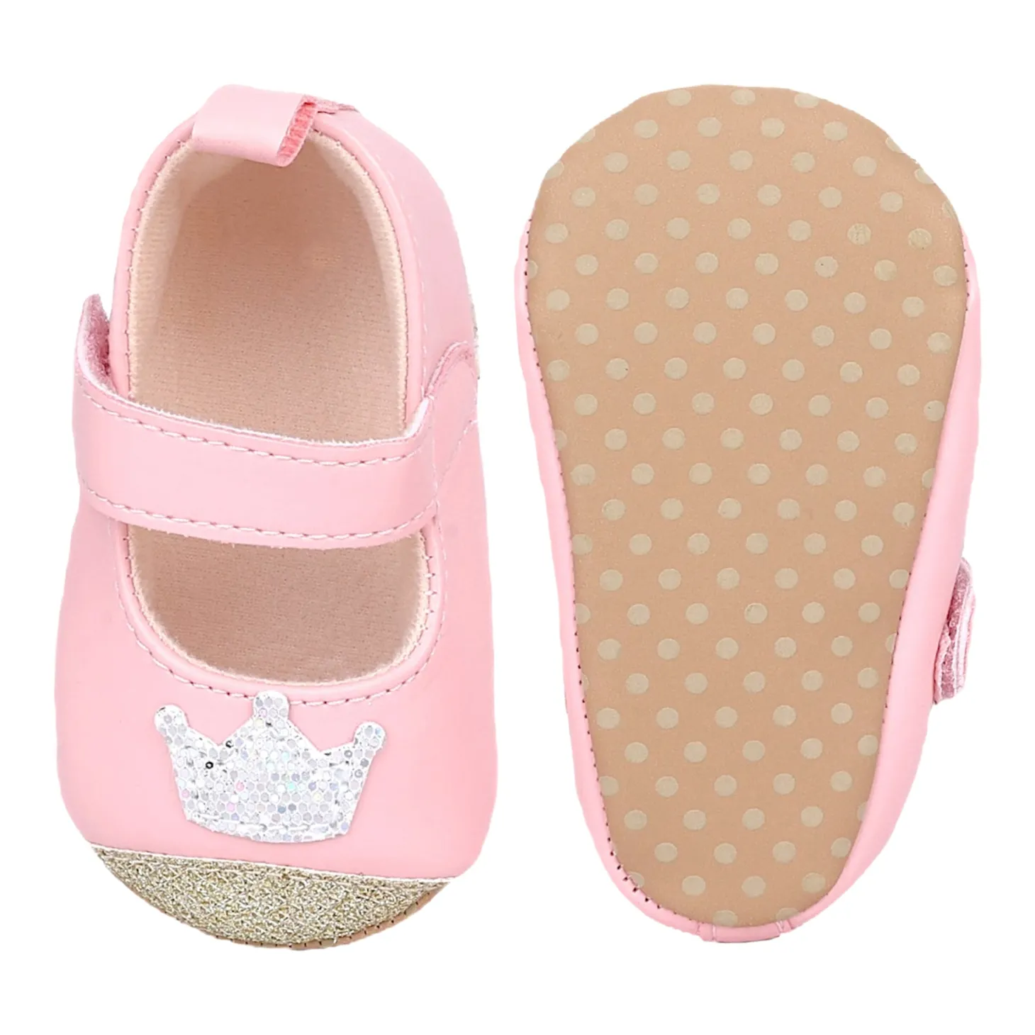 Baby Moo Crown Sequin Partywear Anti-Skid Ballerina Booties - Pink