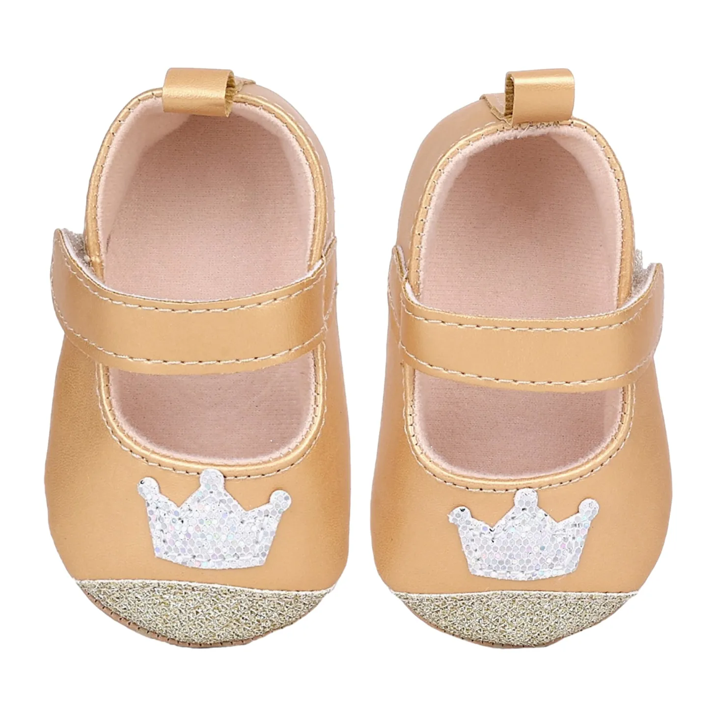 Baby Moo Crown Sequin Partywear Anti-Skid Ballerina Booties - Gold, Metallic