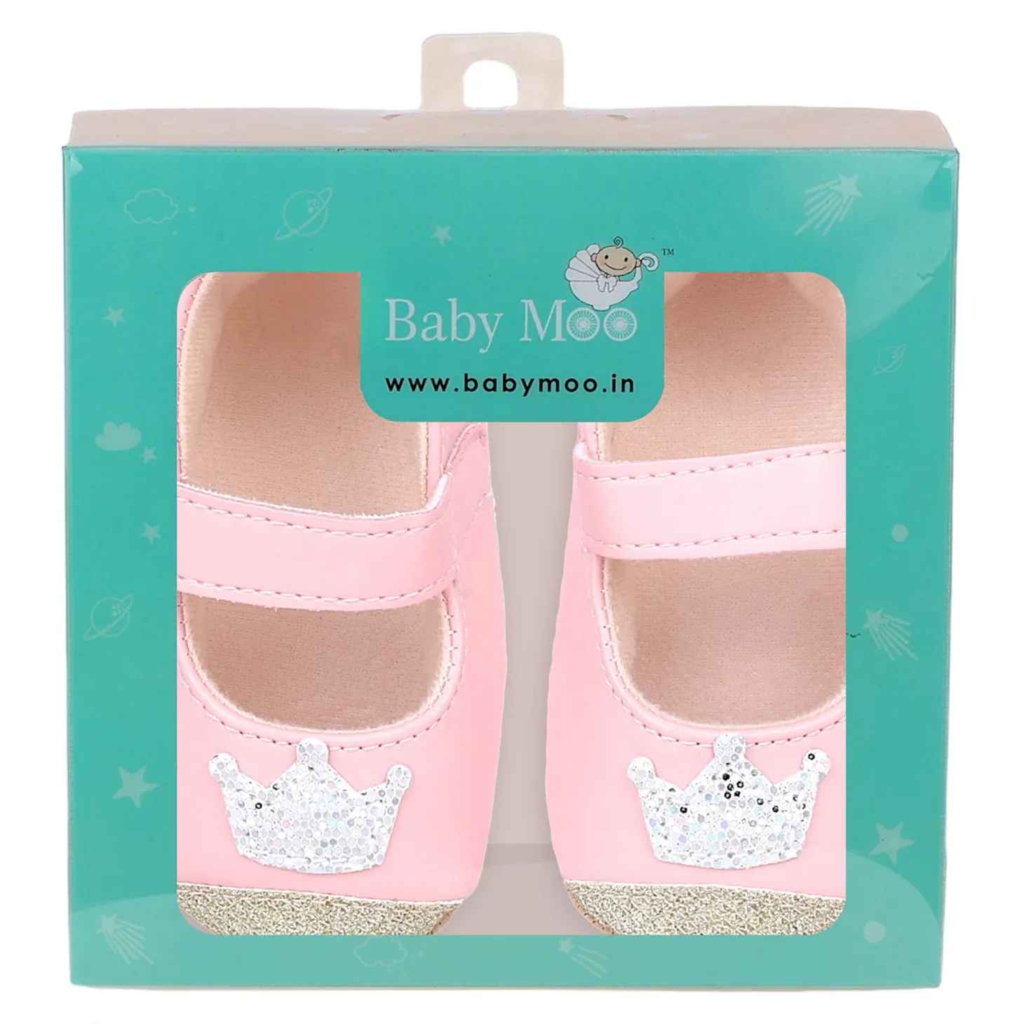 Baby Moo Crown Sequin Partywear Anti-Skid Ballerina Booties - Pink