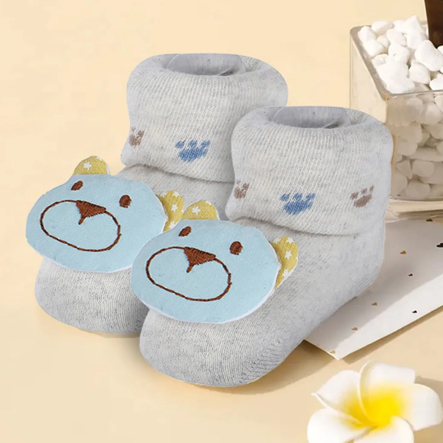 Baby Moo Cuddly Bear Cotton Anti-Skid 3D Socks - Grey