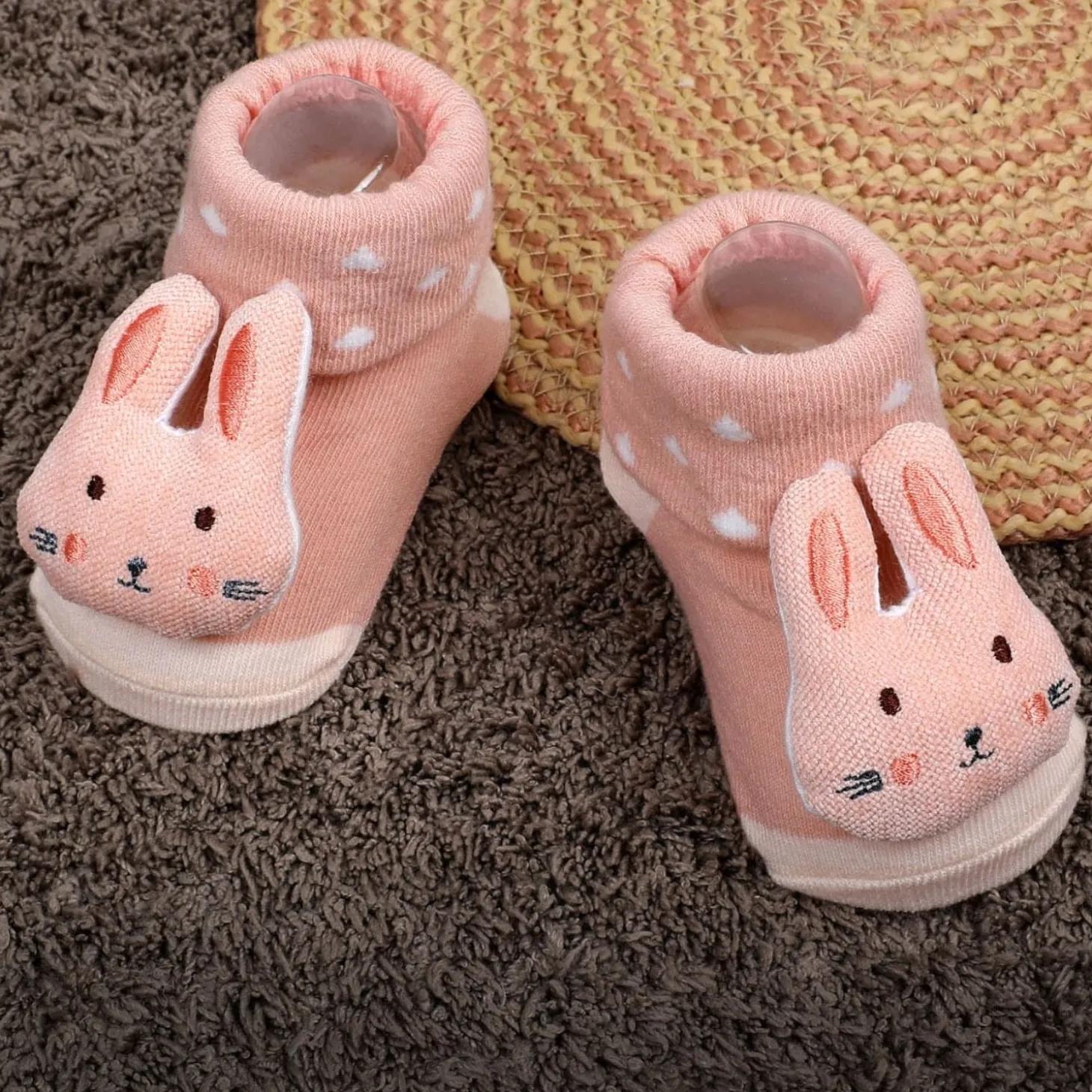 Baby Moo Cuddly Bunny Cotton Anti-Skid 3D Socks - Peach