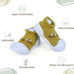 Baby Moo Curious Cat Face Rubber Comfortable Sole Slip-On Sock Shoes - Mustard