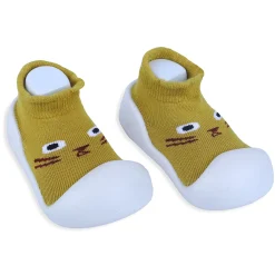 Baby Moo Curious Cat Face Rubber Comfortable Sole Slip-On Sock Shoes - Mustard