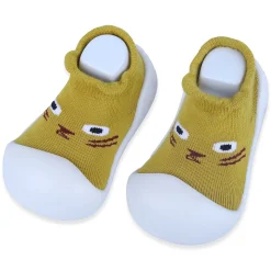 Baby Moo Curious Cat Face Rubber Comfortable Sole Slip-On Sock Shoes - Mustard