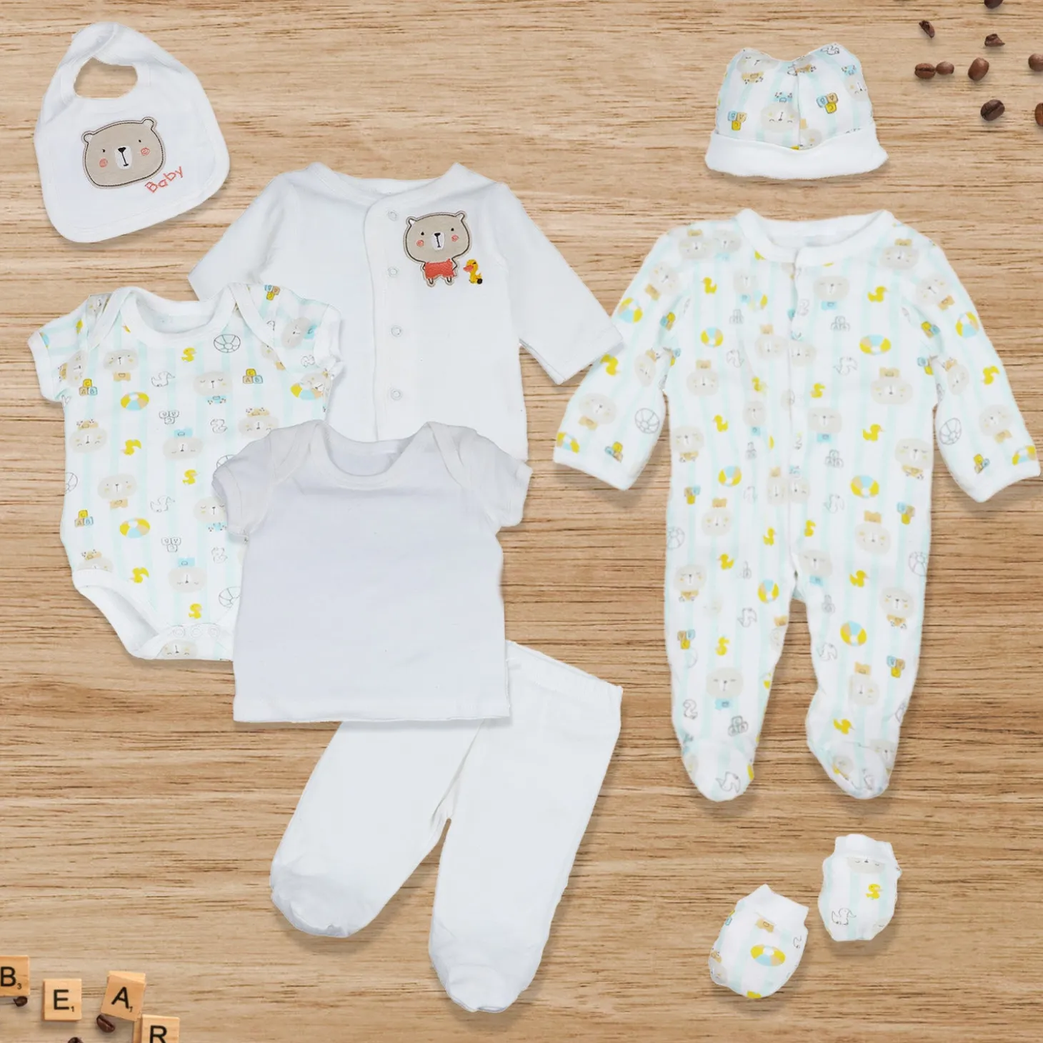 Baby Moo Cute Animal Embroidered Cotton Infant Essentials 8 pcs Romper Gift Set - White