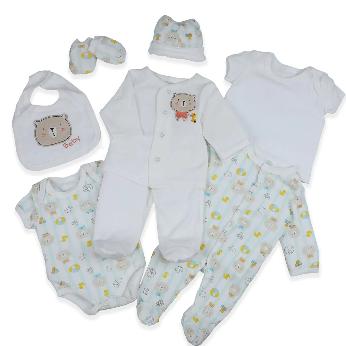 Baby Moo Cute Animal Embroidered Cotton Infant Essentials 8 pcs Romper Gift Set - White