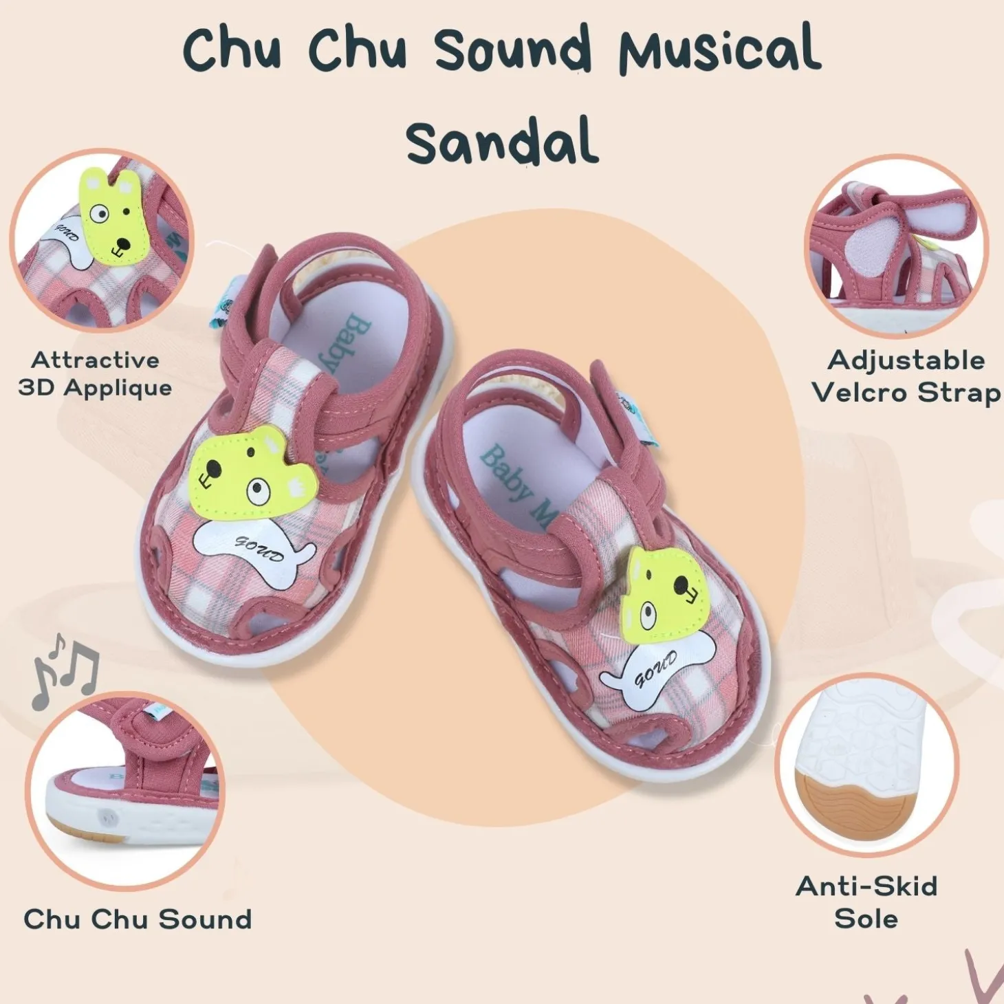Baby Moo Cute Puppy Checked Chu-Chu Sound Breathable Anti-Skid Sandals - Pink