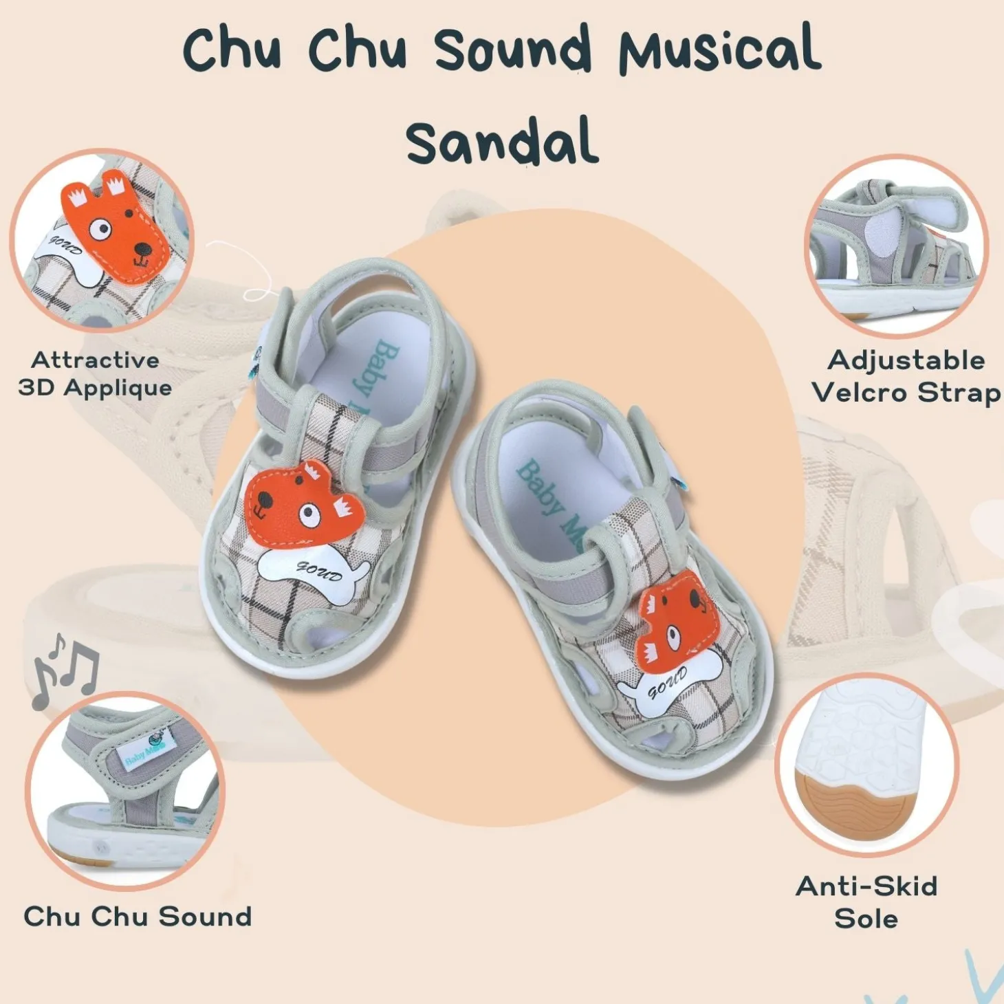 Baby Moo Cute Puppy Checked Chu-Chu Sound Breathable Anti-Skid Sandals - Multicolour