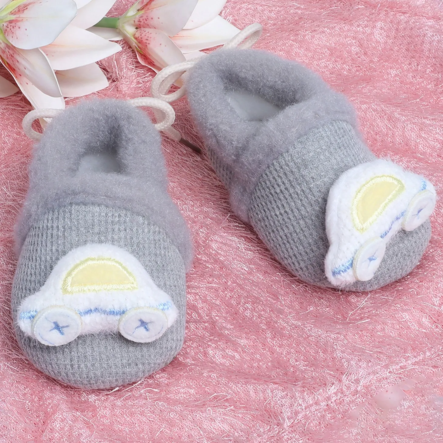 Baby Moo 3D Car Soft Slip-On Anti-Skid Plush Warm Booties - Grey