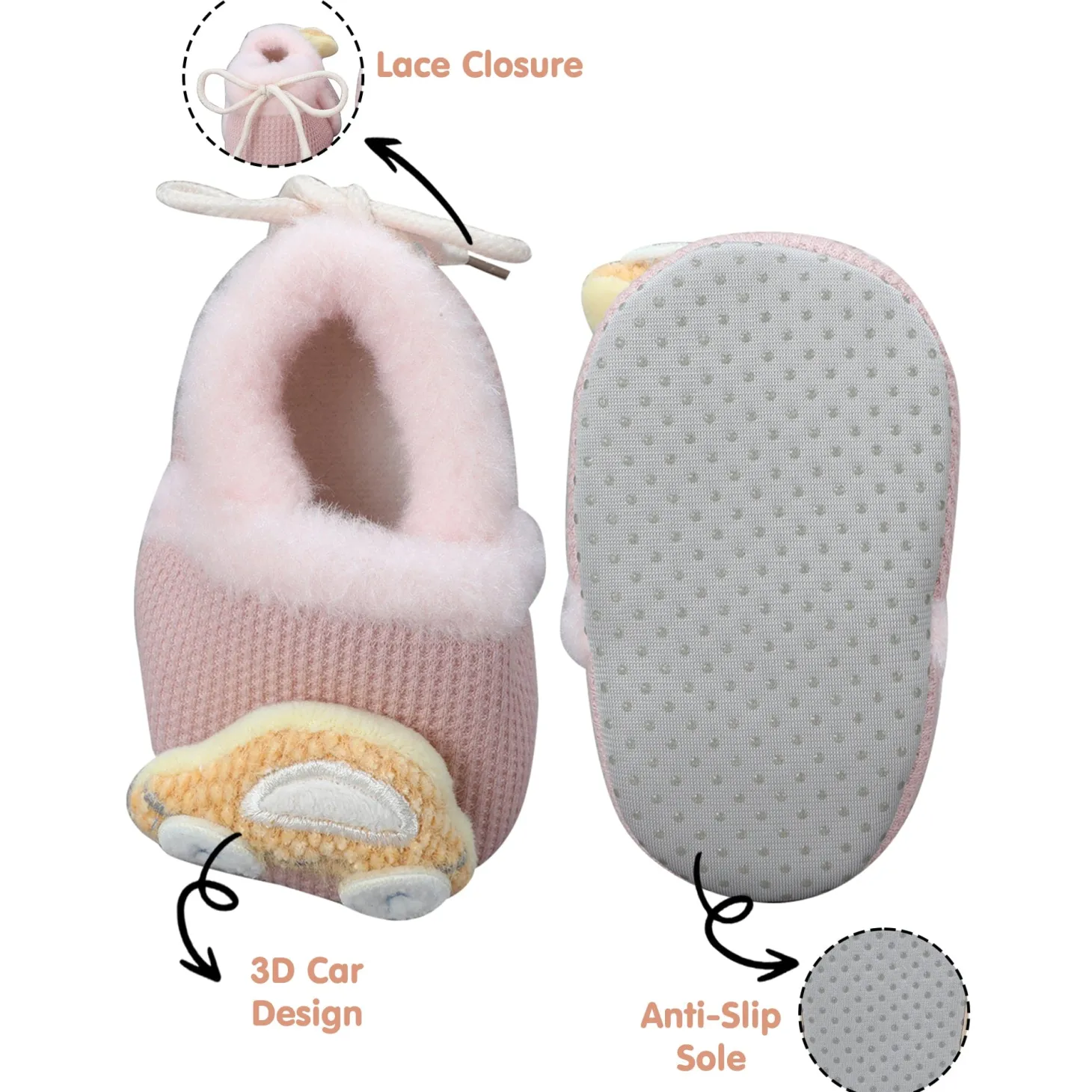 Baby Moo 3D Car Soft Slip-On Anti-Skid Plush Warm Booties - Peach