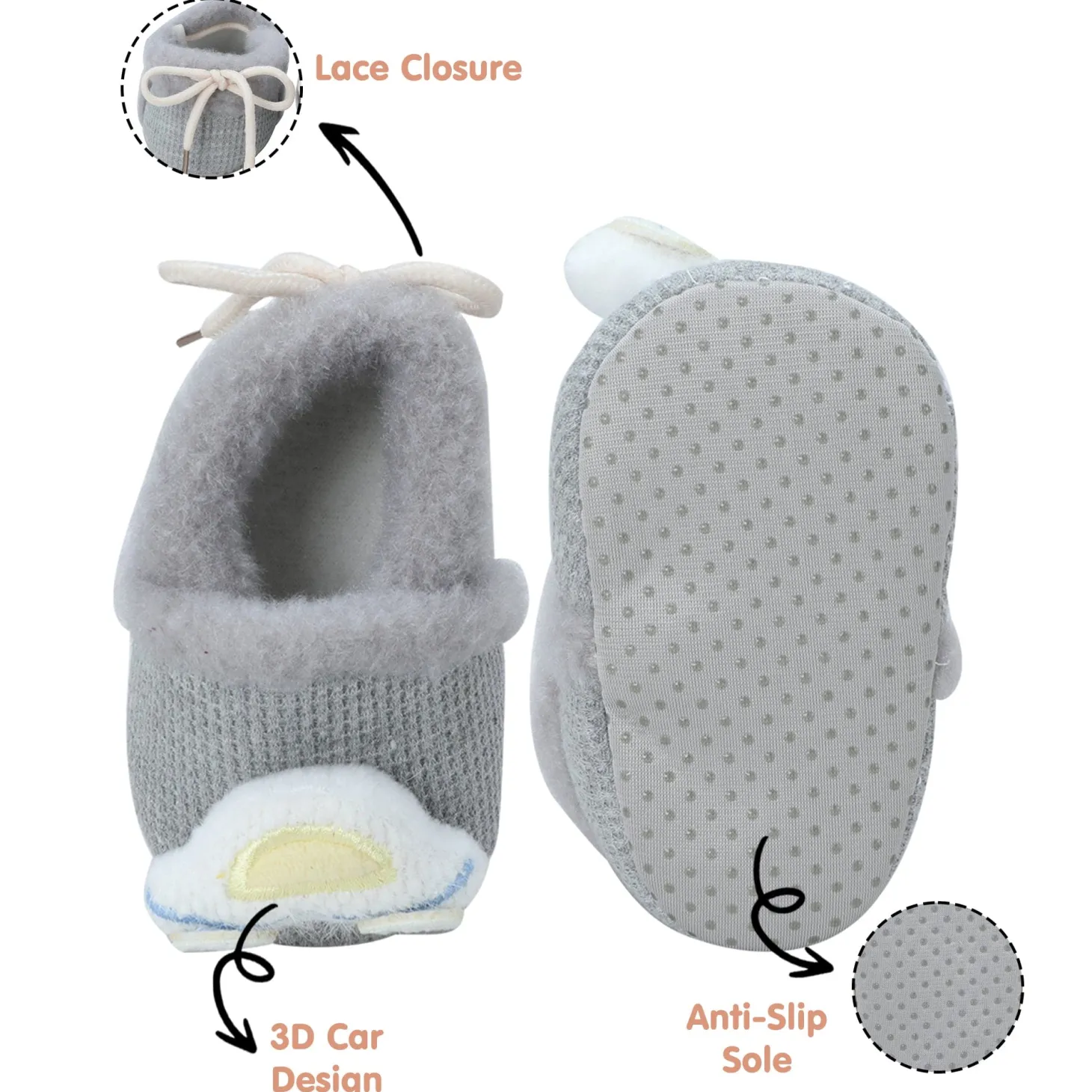 Baby Moo 3D Car Soft Slip-On Anti-Skid Plush Warm Booties - Grey