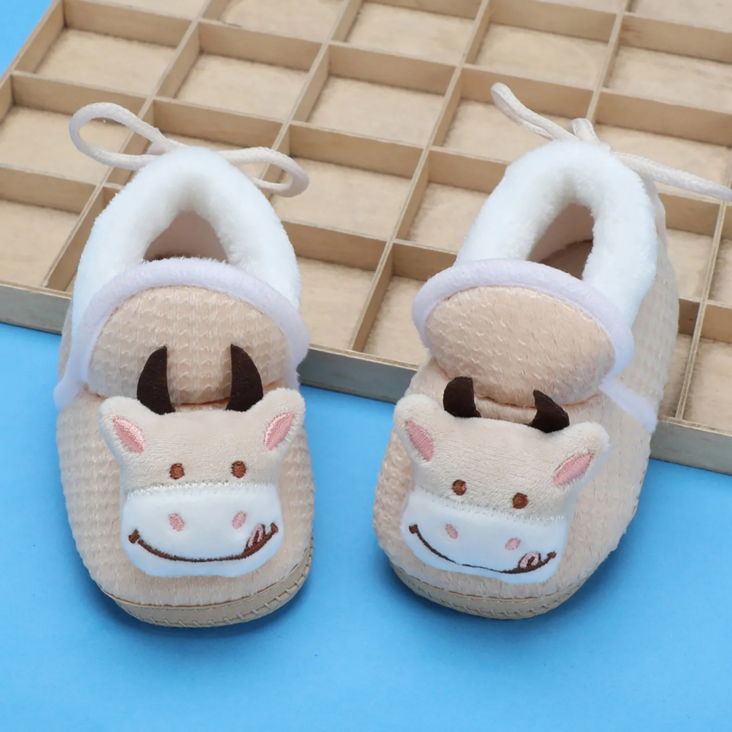 Baby Moo 3D Cow Soft Slip-On Anti-Skid Plush Warm Booties - Beige