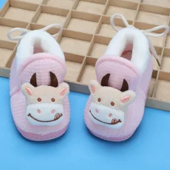 Baby Moo 3D Cow Soft Slip-On Anti-Skid Plush Warm Booties - Pink