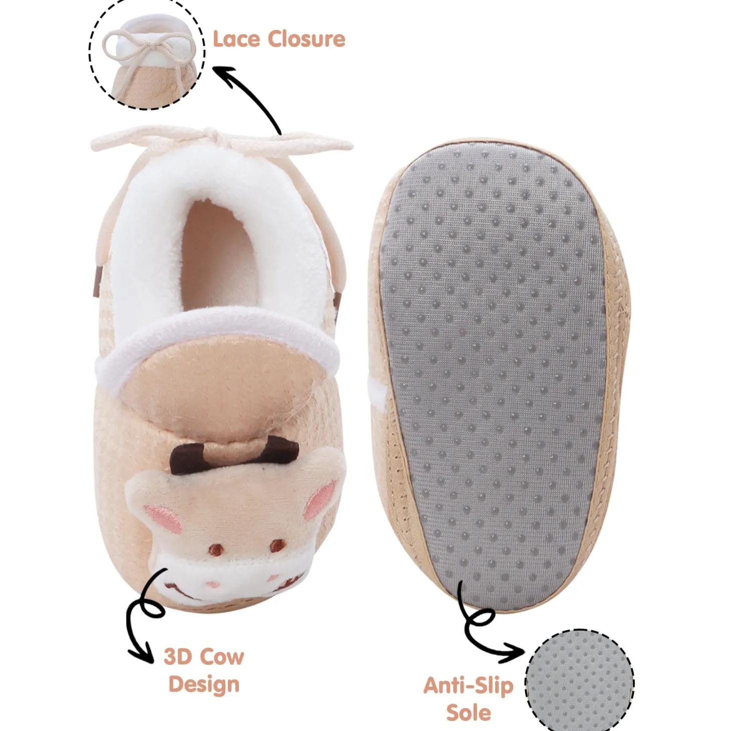 Baby Moo 3D Cow Soft Slip-On Anti-Skid Plush Warm Booties - Beige